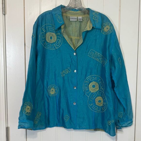 Chico's Teal Blue Button-Down Cotton Linen Blouse Geometric Applique Embroidery - Picture 2 of 6